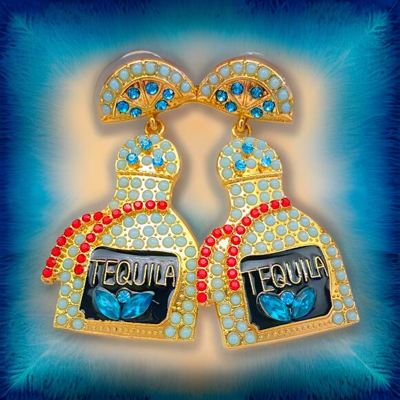 Molliwater Jewelry - New Blue Rhinestone Tequila Bottle Dangle Earrings Jeweled Drop Gold Reposado‎